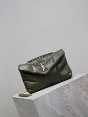 YSL 25S LOULOU PUFFER MINI 23 IN DARK OLIVE CALFSKIN GOLD HARDWARE
