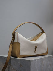 CAMERA SUPPLE BAG 28 IN WHITE CANVAS AND BROWN CALFSKIN TRIM