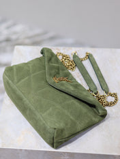YSL 25S LOULOU PUFFER MINI 23 IN GREEN SUEDE GOLD HARDWARE