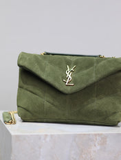 YSL 25S LOULOU PUFFER MINI 23 IN GREEN SUEDE GOLD HARDWARE