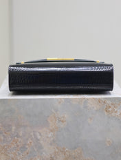 MANHATTAN SMALL 24 IN BLACK CROCODILE PATTERN GLOSSY CALFSKIN GOLD BUCKLE
