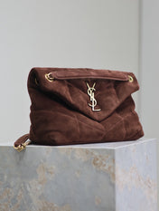 YSL 25S LOULOU PUFFER MM 29 IN DARK BROWN SUEDE GOLD HARDWARE