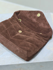 YSL 25S LOULOU PUFFER MINI 23 IN DARK BROWN SUEDE GOLD HARDWARE