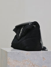 YSL 25S LOULOU PUFFER MM 29 IN BLACK SUEDE SILVER HARDWARE