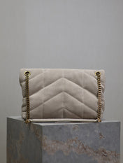 YSL 25S LOULOU PUFFER MM 29 IN SMOKEY TAUPE SUEDE GOLD HARDWARE