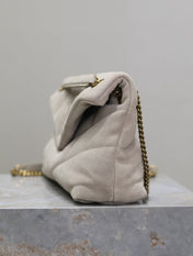 YSL 25S LOULOU PUFFER MM 29 IN SMOKEY TAUPE SUEDE GOLD HARDWARE