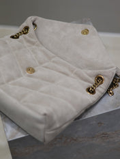 YSL 25S LOULOU PUFFER MM 29 IN SMOKEY TAUPE SUEDE GOLD HARDWARE