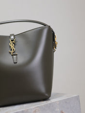 YSL 25S LE 5 À 7 BUCKET 26 IN DARK OLIVE CALFSKIN GOLD HARDWRE