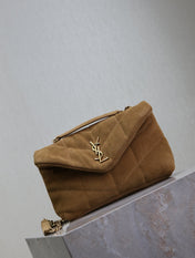 YSL 25S LOULOU PUFFER MINI 23 IN TAN BROWN SUEDE GOLD HARDWARE