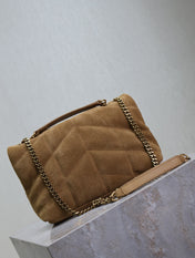 YSL 25S LOULOU PUFFER MINI 23 IN TAN BROWN SUEDE GOLD HARDWARE