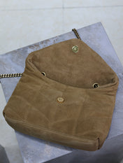 YSL 25S LOULOU PUFFER MINI 23 IN TAN BROWN SUEDE GOLD HARDWARE