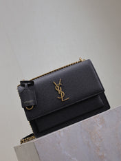 YSL 25S SUNSET MEDIUM 22 IN BLACK GRAINED CALFSKIN GOLD HARDWRE