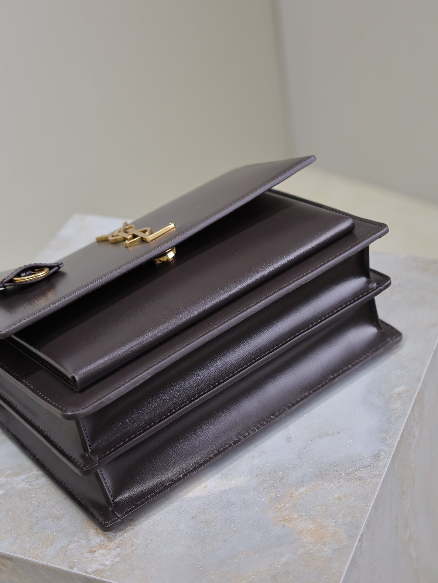 YSL 25S SUNSET BAG 22 IN COFEE BROWN CALFSKIN GOLD HARDWRE