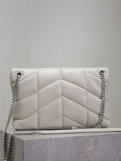 YSL 25S LOULOU PUFFER MM 29 IN SMOKEY TAUPE CALFSKIN SILVER HARDWRE