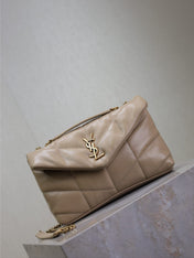 YSL 25S LOULOU PUFFER MINI 23 IN BROWN CALFSKIN GOLD HARDWRE