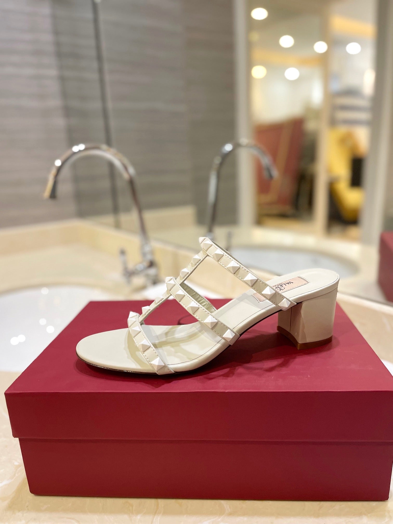VALENTINO 26S ROCKSTUD CAGED HEELED SANDALS 60 MM IN CREAM WHITE CALFSKIN