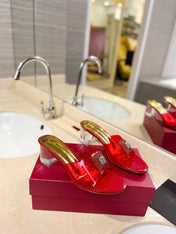 HIGH MULE 60MM IN CHERRY RED SHEEPSKIN AND TRANSPARENT PVC