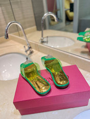 VALENTINO 26S FLAT SLIDES IN GREEN MIX GOLD LAMBSKIN WITH CRYSTAL