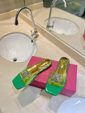 VALENTINO 26S FLAT SLIDES IN GREEN MIX GOLD LAMBSKIN WITH CRYSTAL