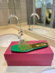 VALENTINO 26S FLAT SLIDES IN GREEN MIX GOLD LAMBSKIN WITH CRYSTAL