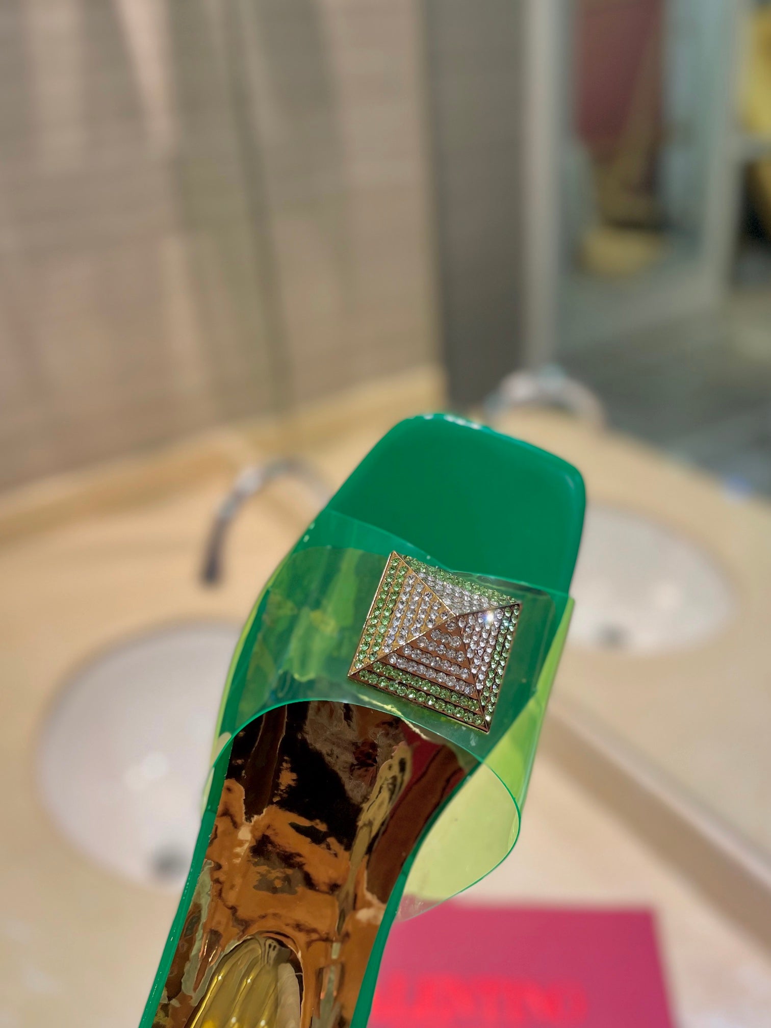 VALENTINO 26S FLAT SLIDES IN GREEN MIX GOLD LAMBSKIN WITH CRYSTAL