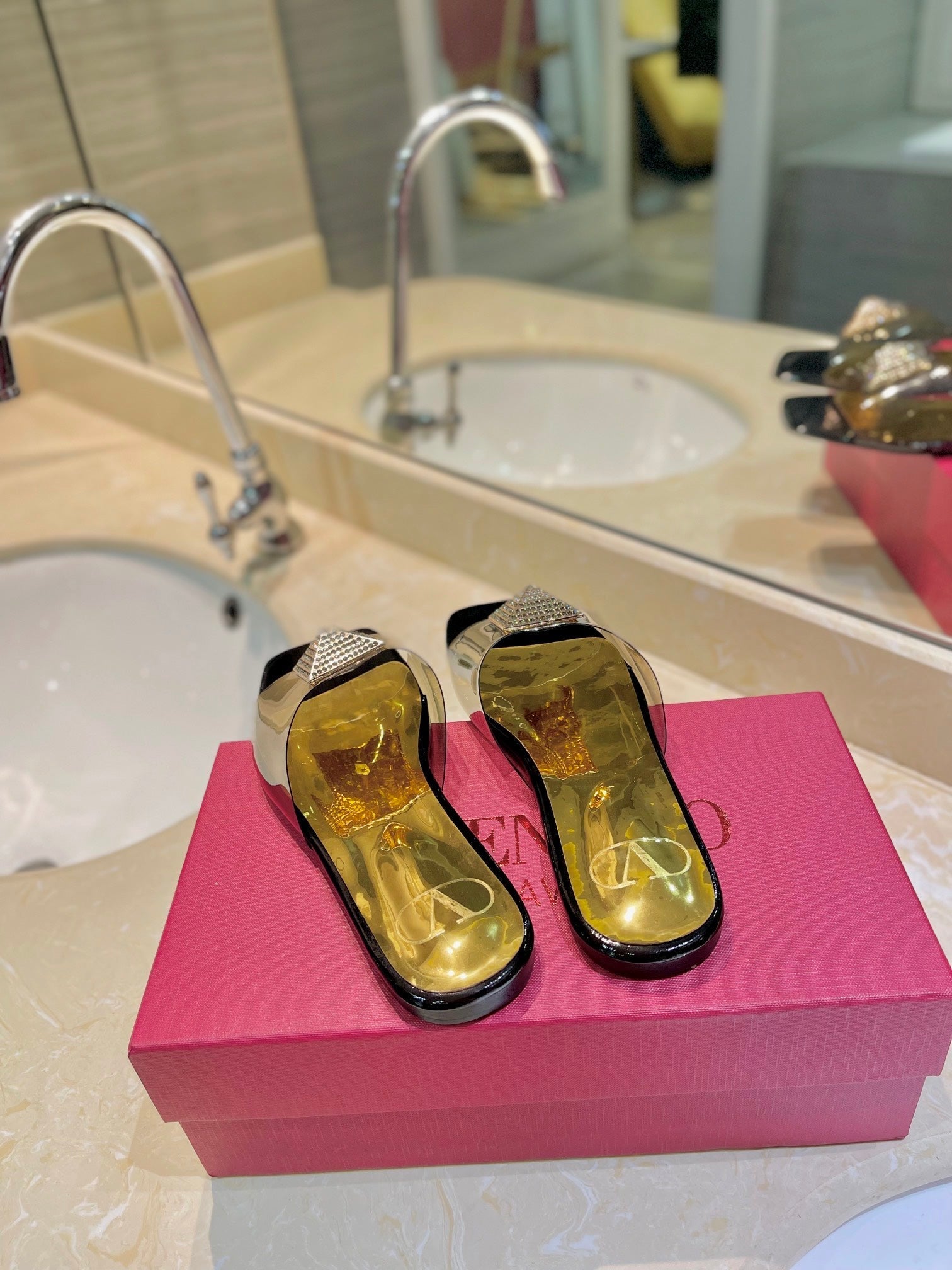 VALENTINO 26S FLAT SLIDES IN BLACK MIX GOLD LAMBSKIN WITH CRYSTAL