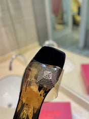 VALENTINO 26S FLAT SLIDES IN BLACK MIX GOLD LAMBSKIN WITH CRYSTAL