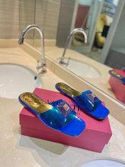 VALENTINO 26S FLAT SLIDES IN BLUE MIX GOLD LAMBSKIN WITH CRYSTAL