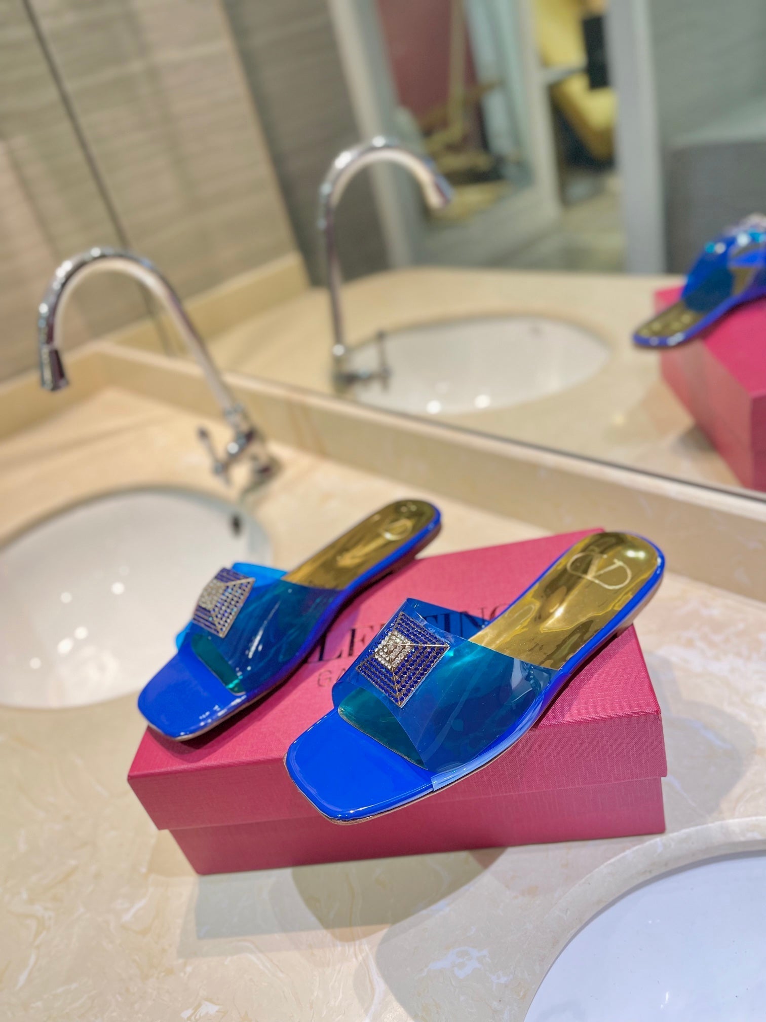 VALENTINO 26S FLAT SLIDES IN BLUE MIX GOLD LAMBSKIN WITH CRYSTAL