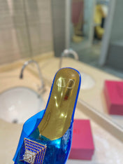 VALENTINO 26S FLAT SLIDES IN BLUE MIX GOLD LAMBSKIN WITH CRYSTAL