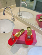 VALENTINO 26S FLAT SLIDES IN RED MIX GOLD LAMBSKIN WITH CRYSTAL