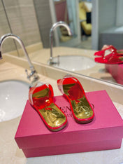 VALENTINO 26S FLAT SLIDES IN RED MIX GOLD LAMBSKIN WITH CRYSTAL