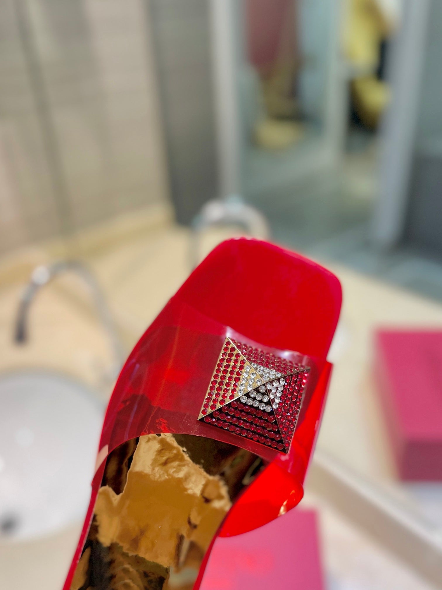VALENTINO 26S FLAT SLIDES IN RED MIX GOLD LAMBSKIN WITH CRYSTAL