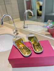VALENTINO 26S FLAT SLIDES IN SILVER MIX GOLD LAMBSKIN WITH CRYSTAL