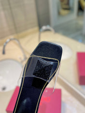VALENTINO 26S FLAT SLIDES IN BLACK LAMBSKIN WITH CRYSTAL