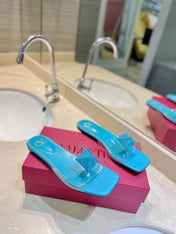 VALENTINO 26S FLAT SLIDES IN LIGHT BLUE LAMBSKIN WITH CRYSTAL