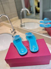 VALENTINO 26S FLAT SLIDES IN LIGHT BLUE LAMBSKIN WITH CRYSTAL
