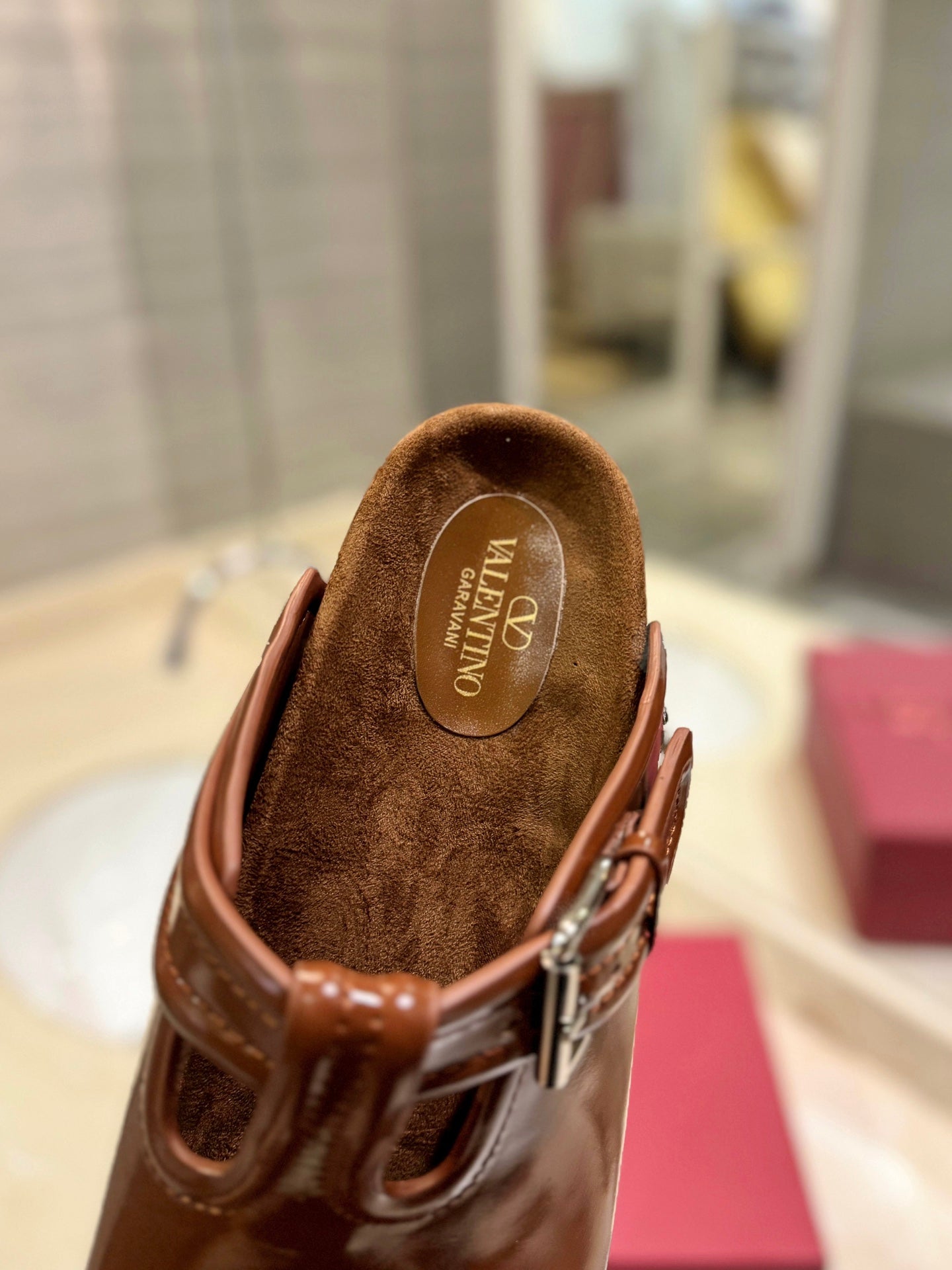 VALENTINO 26S FLAT MULES IN BROWN PATENT CALFSKIN