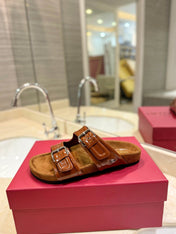 VALENTINO 26S FOOTBED SANDALS IN BROWN GLOSSY LEATHER MIX SUEDE