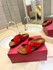 FUSSFRIEND CHERRY RED SILK VELVET SLIDE SANDALS
