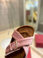 VALENTINO 26S CROSS STRAP SANDALS IN LIGHT PINK VELVET MIX BROWN SUEDE