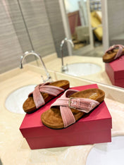 VALENTINO 26S CROSS STRAP SANDALS IN LIGHT PINK VELVET MIX BROWN SUEDE