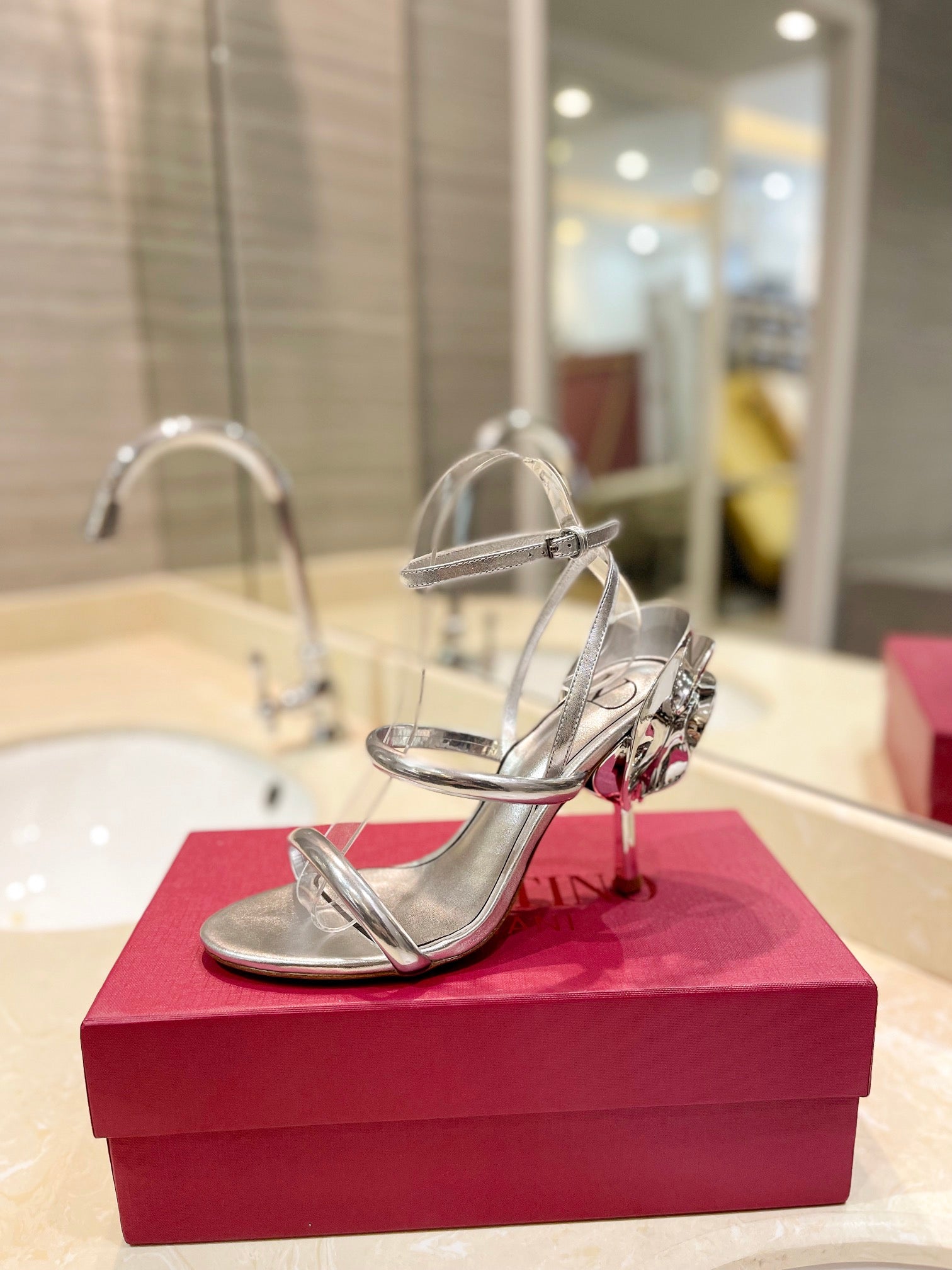 VALENTINO 26S STRAPPY HEEL SANDALS 100 MM IN SILVER CALFSKIN