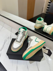 MID-TOP SNEAKERS IN WHITE PERFORATED LAMBSKIN AND GRAY SUEDE