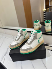 MID-TOP SNEAKERS IN WHITE PERFORATED LAMBSKIN AND GRAY SUEDE