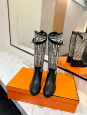 JUMPING BOOT 2 CM IN BLACK CALFSKIN AND BLACK MIX WHITE FABRIC