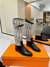 JUMPING BOOT 2 CM IN BLACK CALFSKIN AND BLACK MIX WHITE FABRIC