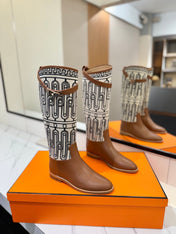 JUMPING BOOT 2 CM IN BRONZE BROWN CALFSKIN AND BLACK MIX WHITE FABRIC