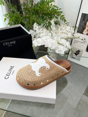CELINE 26S TRIOMPHE MULES IN BEIGE RAFFIA AND WHITE CALFSKIN