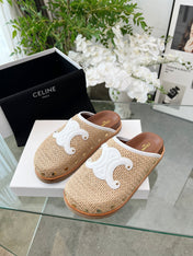 CELINE 26S TRIOMPHE MULES IN BEIGE RAFFIA AND WHITE CALFSKIN
